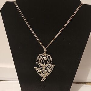 Silver tone pewter rose flower statement necklace- 24 in